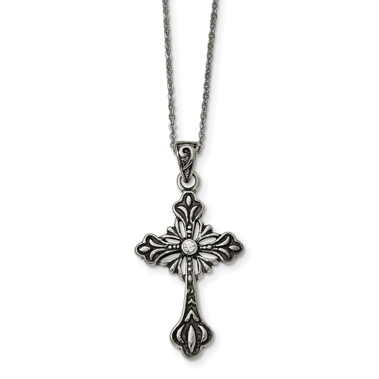 Crystal Cross Necklace Stainless Steel Antiqued Polished SRN1896-18 by Chisel, MPN: SRN1896-18, 191…