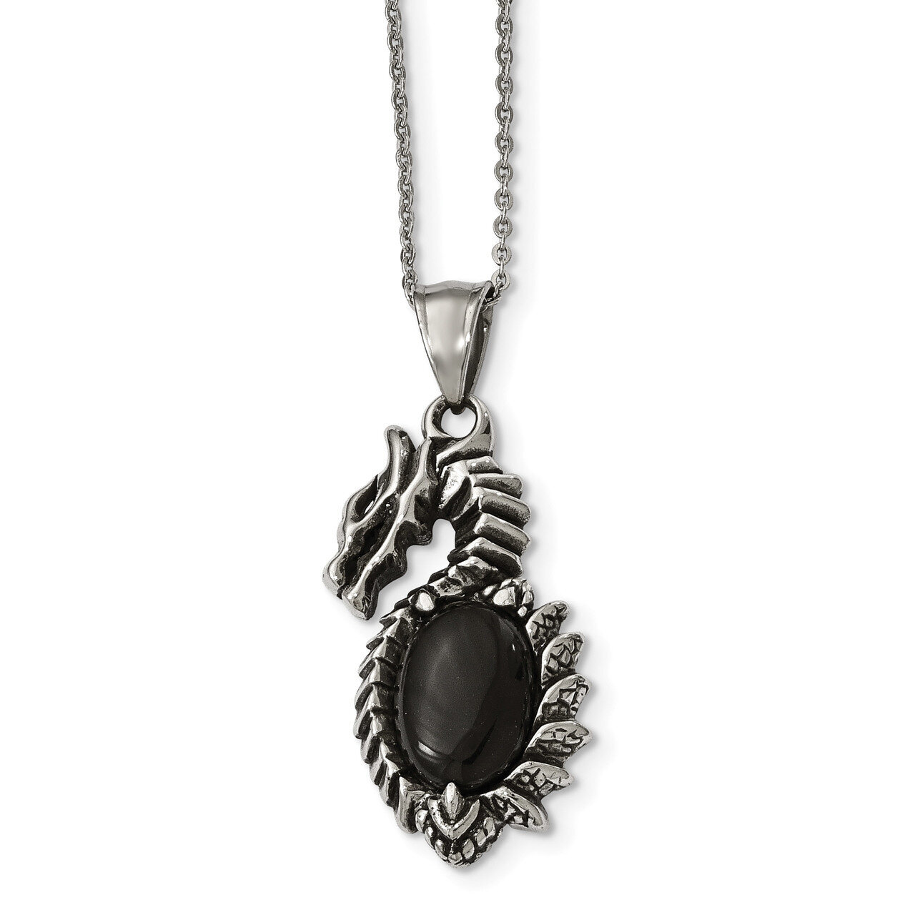 Polished with Black Glass Dragon Necklace Antiqued Stainless Steel SRN1917-20