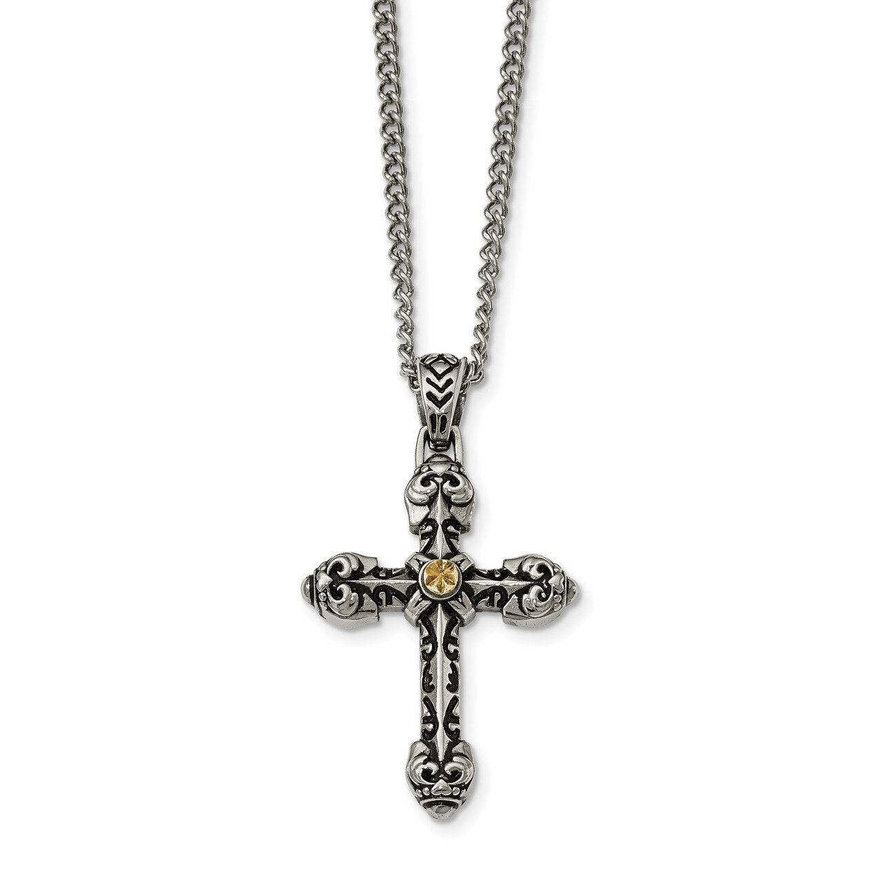Yellow IP-plated D/C Center Cross Necklace Antiqued Stainless Steel SRN1935-24 by Chisel, MPN: SRN1…