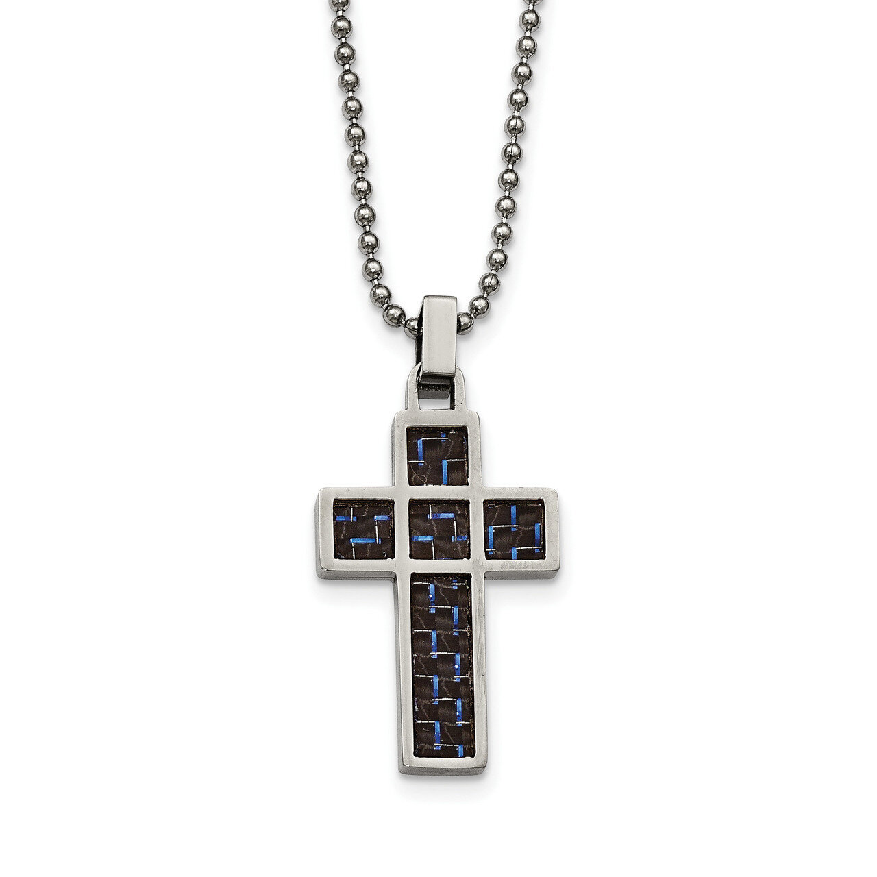 Black/Blue Carbon Fiber Inlay Cross 20 Inch Necklace Stainless Steel Polished SRN2024-20