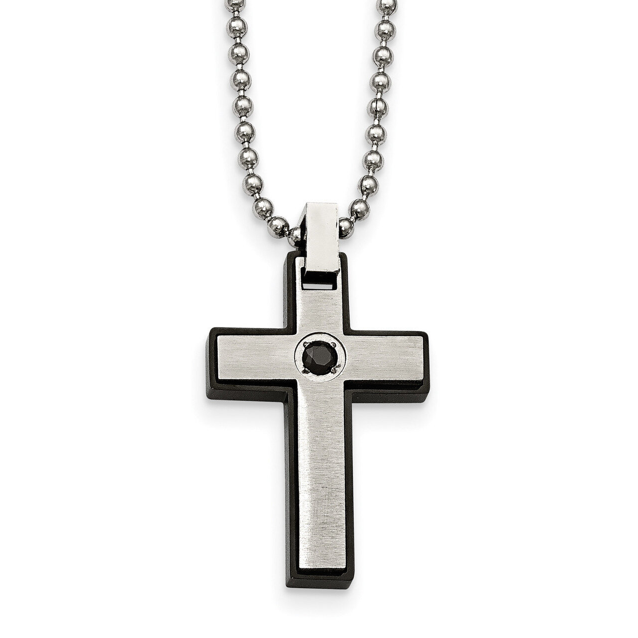 Black CZ Black IP Cross Necklace Stainless Steel Brushed and Polished SRN2026-20