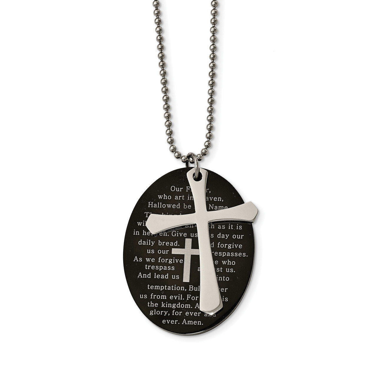 Black IP Lord's Prayer Oval Cross Necklace Stainless Steel Polished SRN2041-24