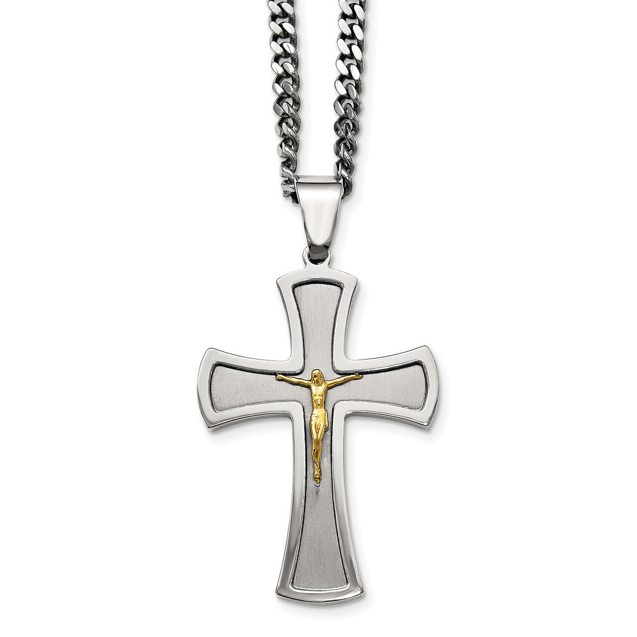 Yellow IP-plated Crucifix Necklace Stainless Steel Brushed and Polished SRN2051-24 by Chisel, MPN: …