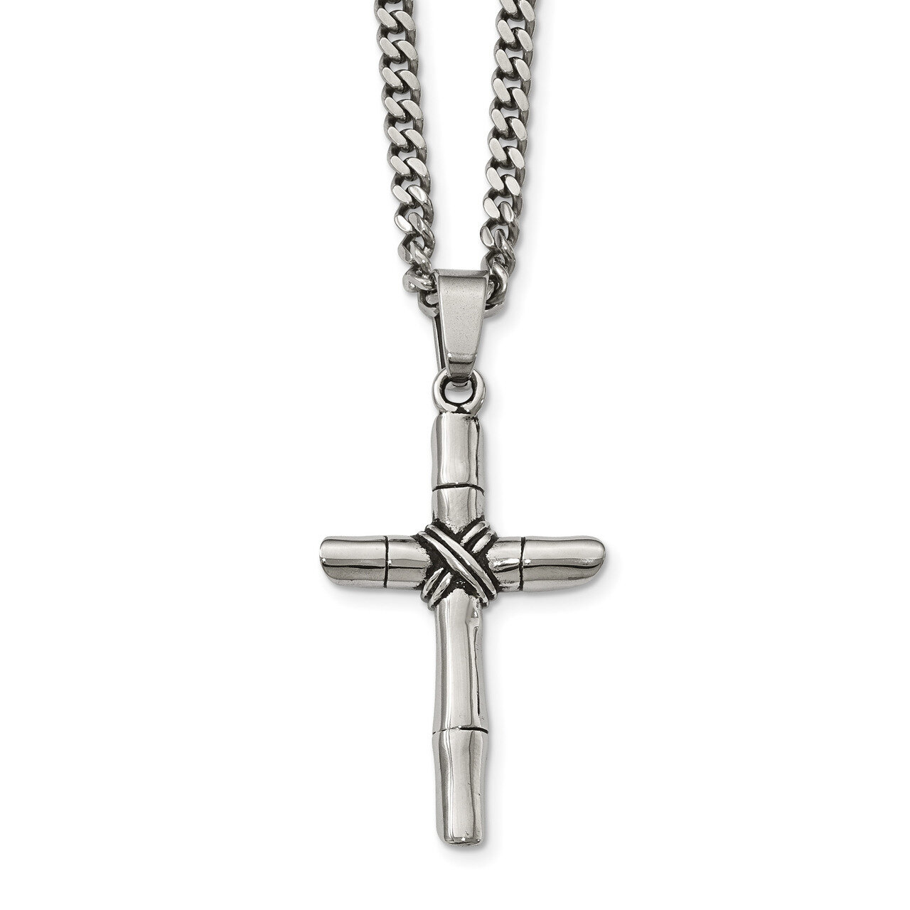 Stainless Steel Polished/Antiqued Cross Necklace Stainless Steel Polished SRN2055-24