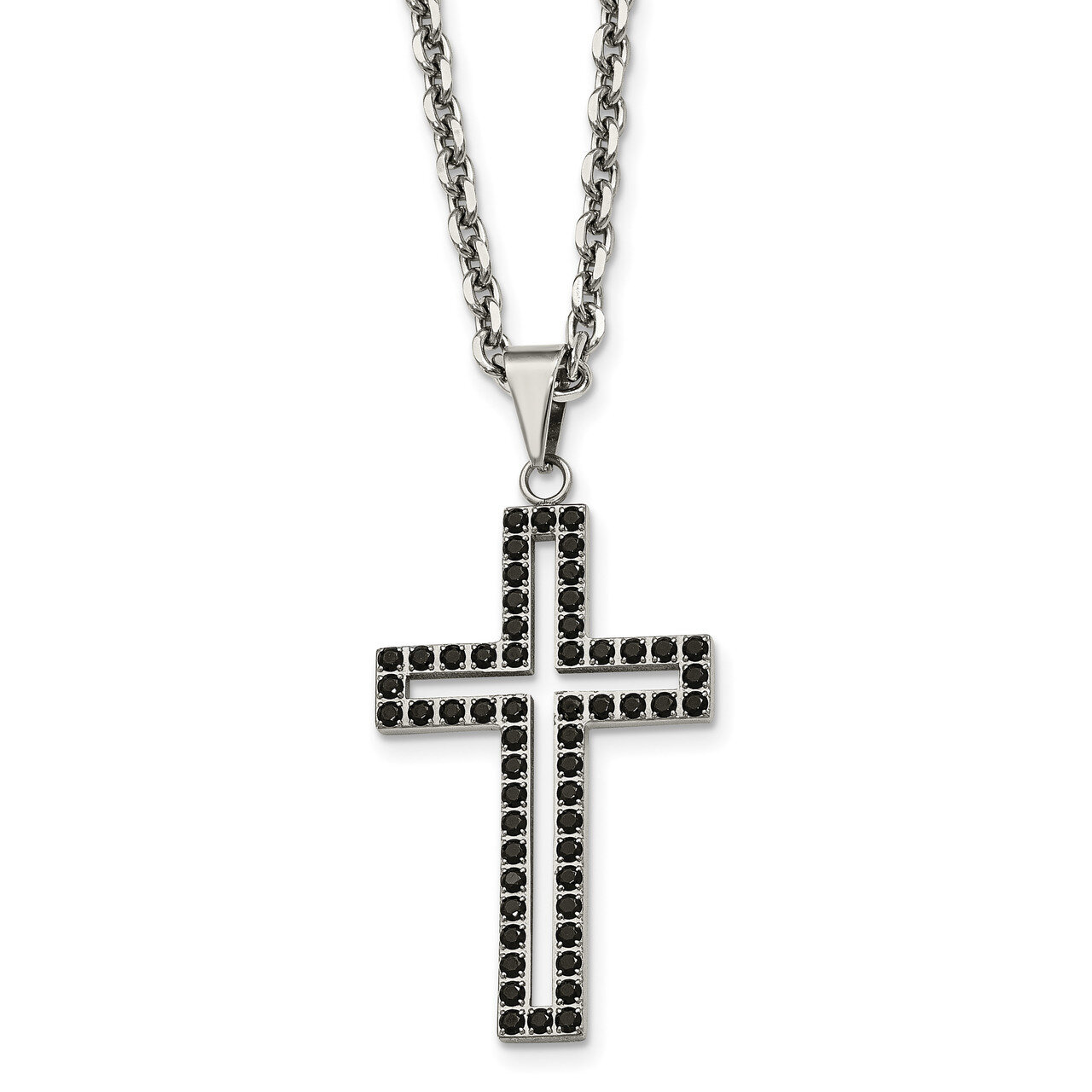 Black CZ Cross Necklace Stainless Steel Polished SRN2056-20 by Chisel, MPN: SRN2056-20, 191101557095