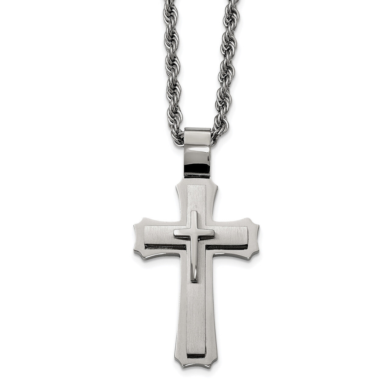 Triple Layer Cross Necklace Stainless Steel Brushed and Polished SRN2065-24