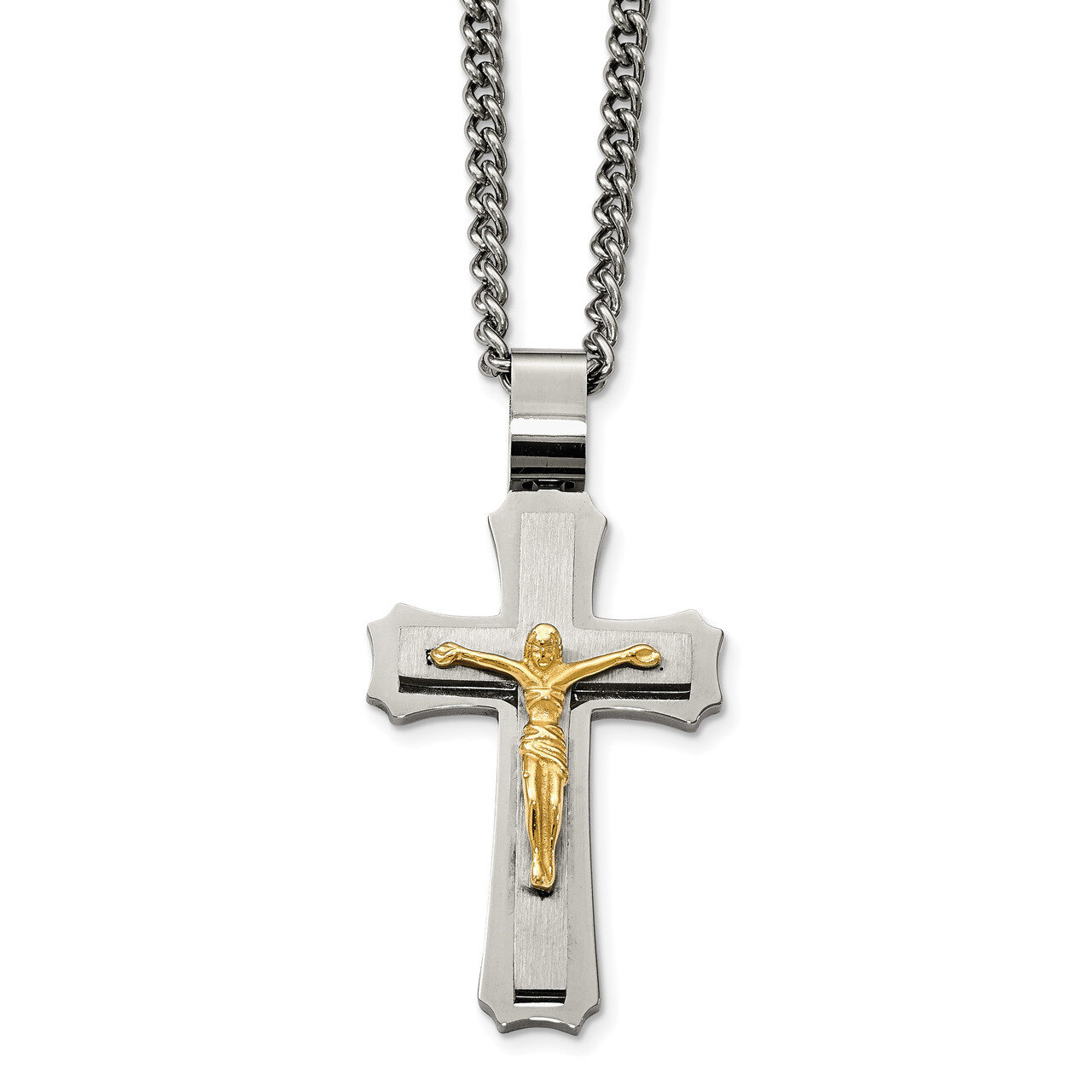 Yellow IP Crucifix Necklace Stainless Steel Brushed Polished SRN2066-24