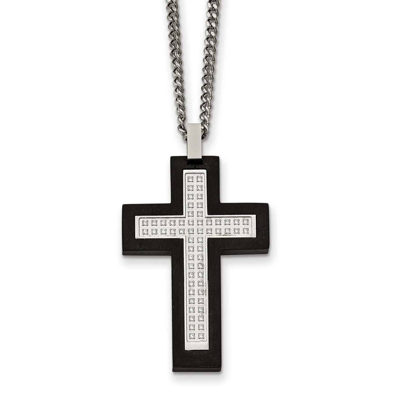 Black IP CZ Cross Necklace Stainless Steel Brushed and Polished SRN2073-24