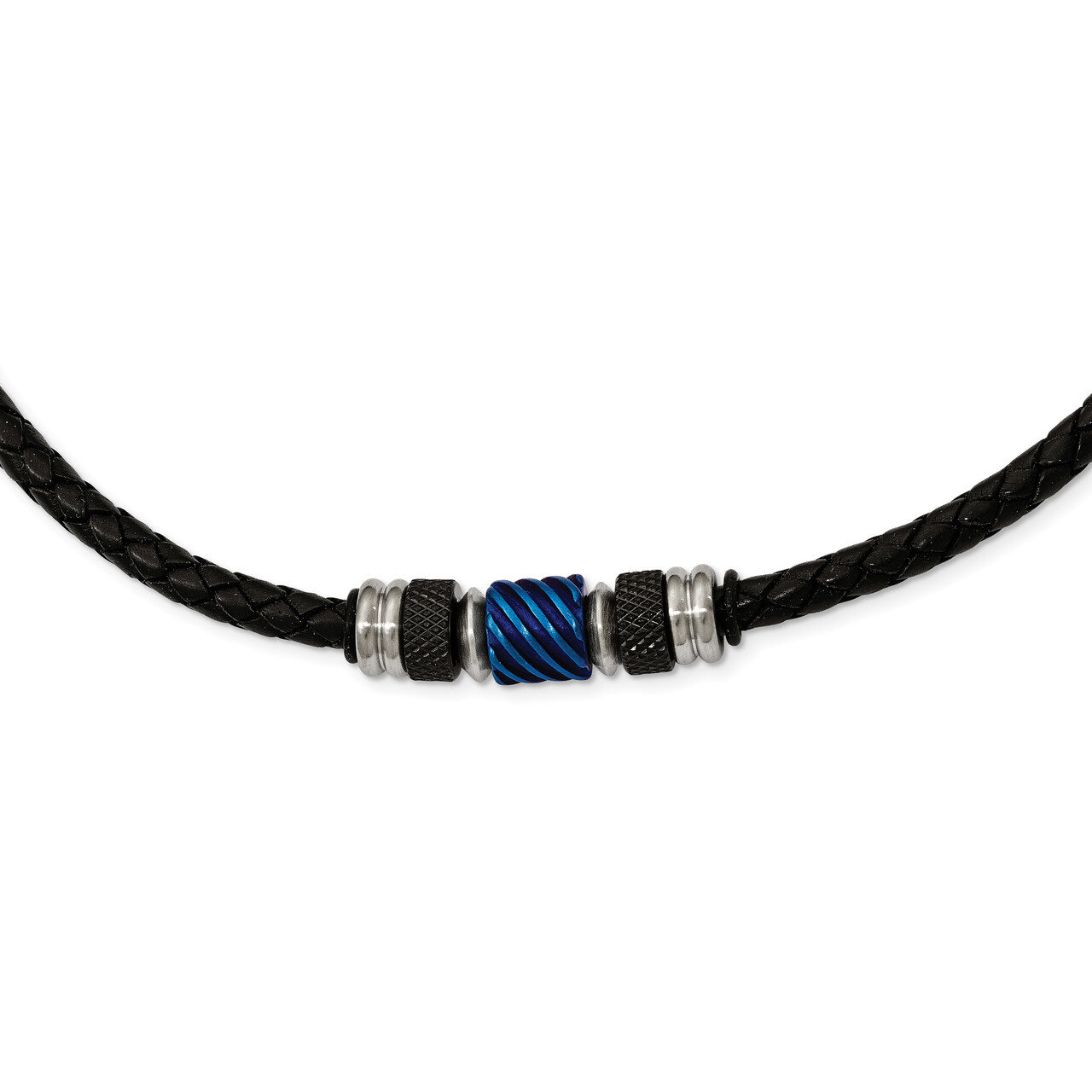 Black IP Blue IP Black Rubber Black Leather Necklace Stainless Steel Brushed Polished SRN2074-20