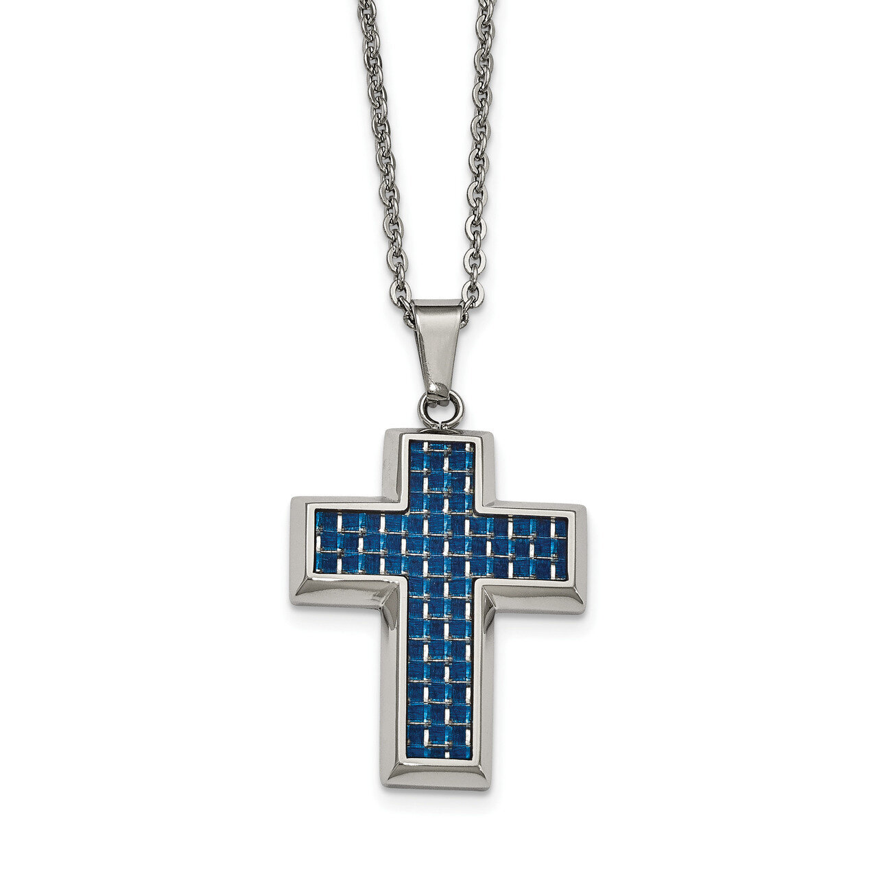 Blue Carbon Fiber Inlay Cross 22 Inch Necklace Stainless Steel Polished SRN2081-22