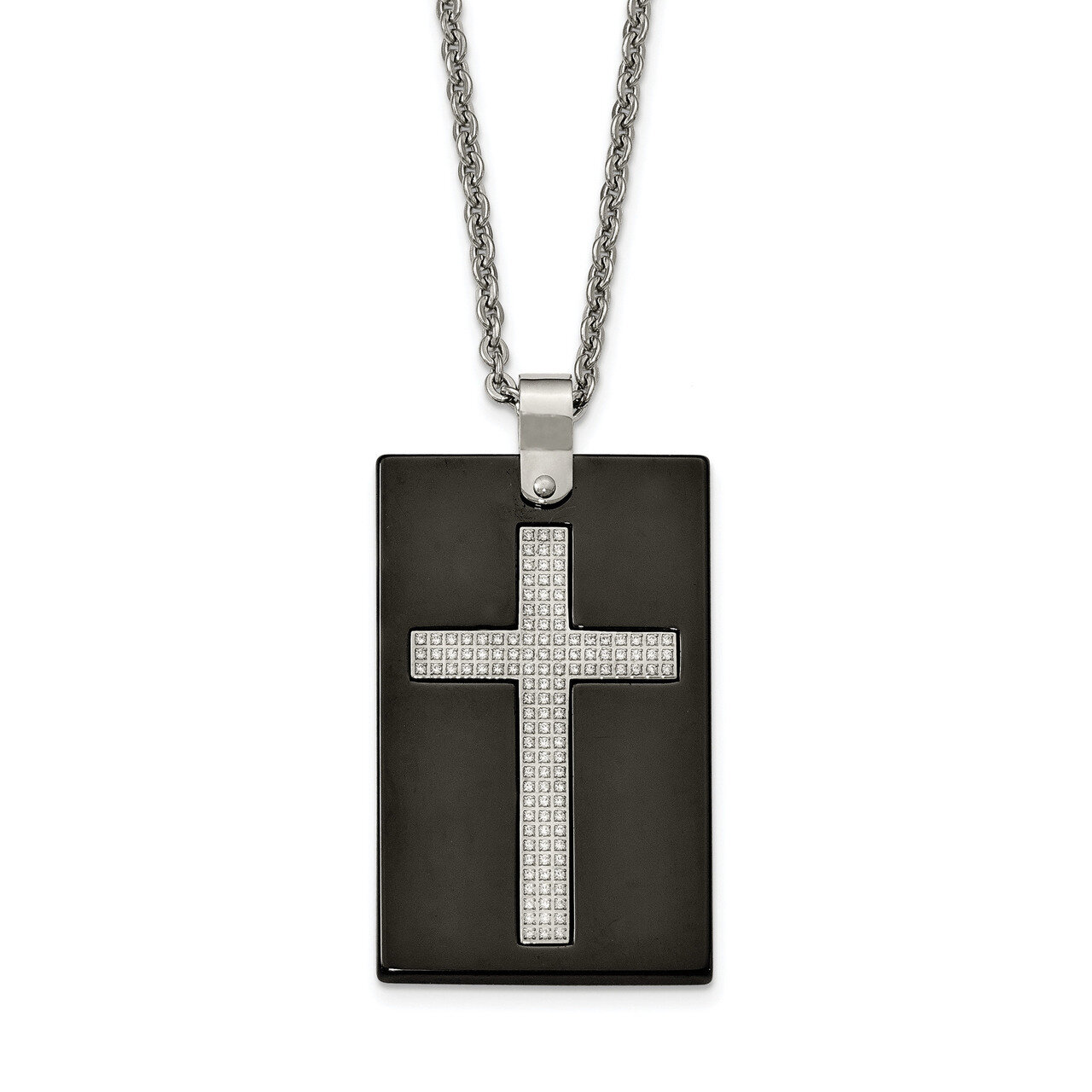 Black Ceramic CZ Cross Necklace Stainless Steel Polished SRN2089-24 by Chisel, MPN: SRN2089-24, 191…