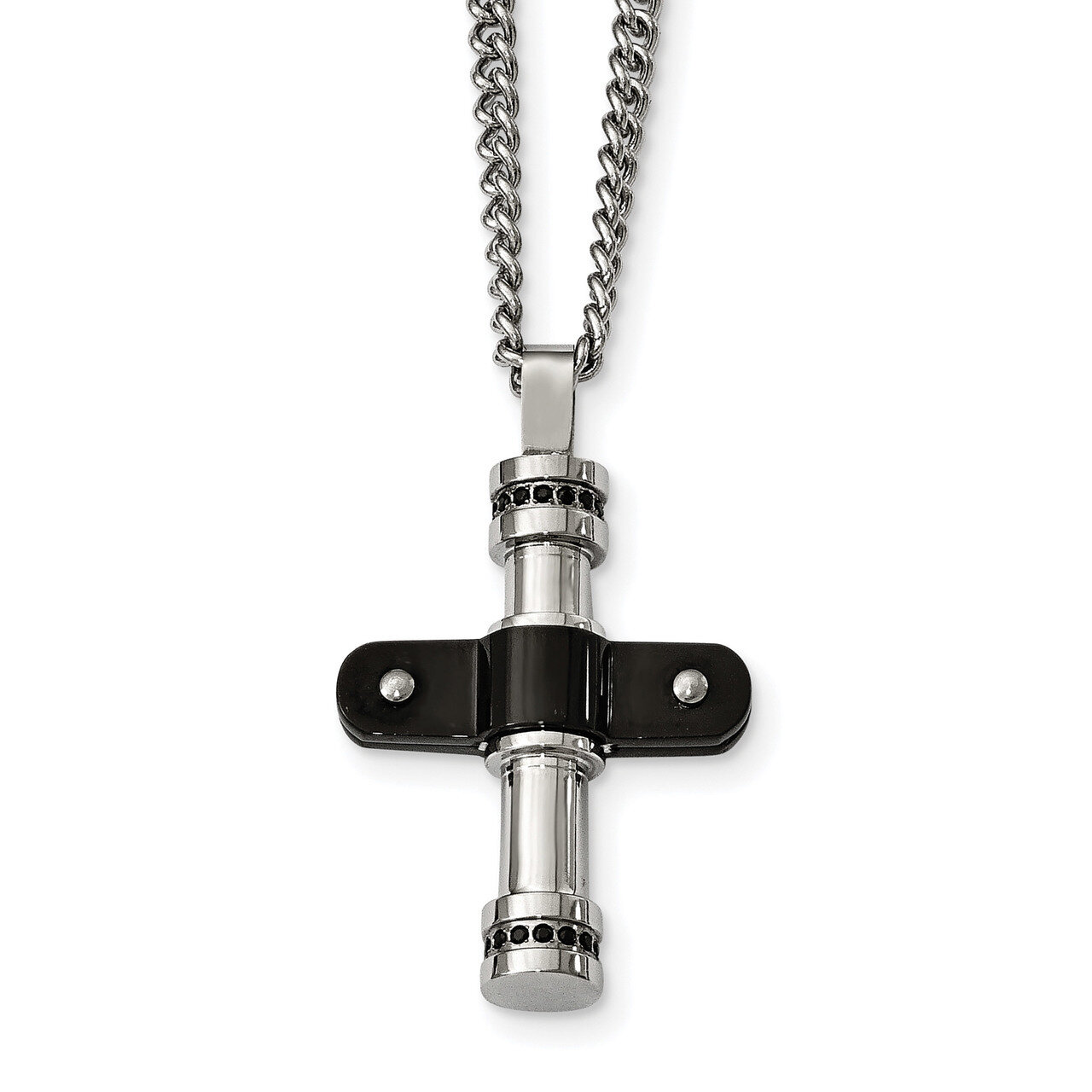 Black IP Black CZ Cross Necklace Stainless Steel Polished SRN2092-22