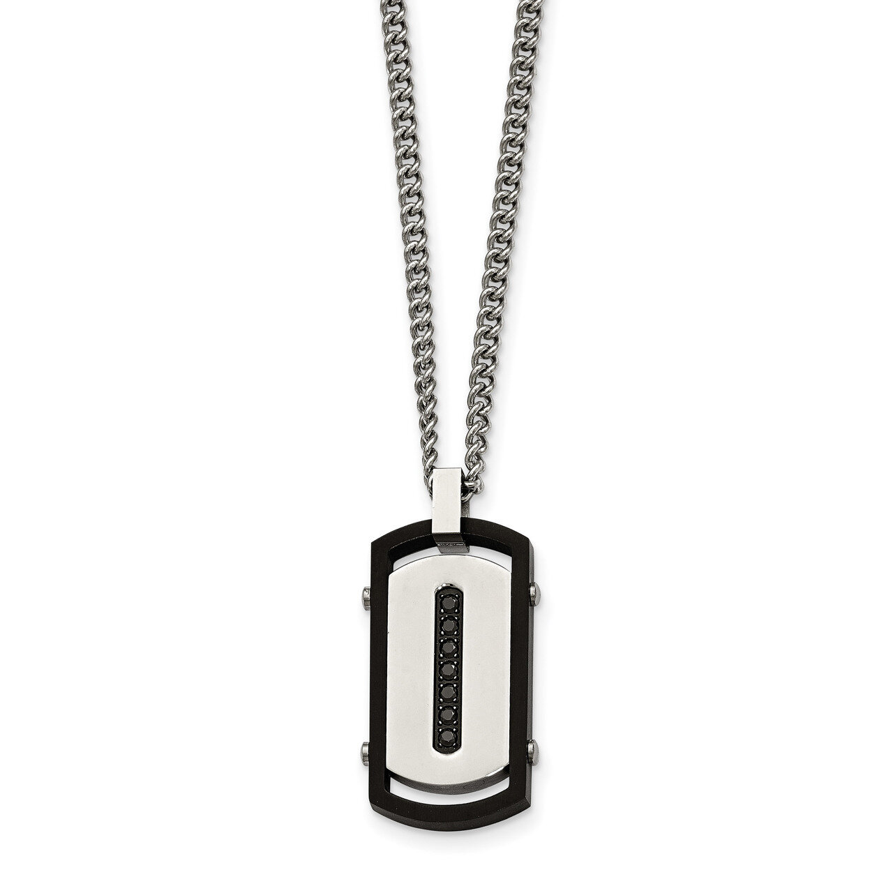 Black IP Rim Black CZ Tag Necklace Stainless Steel Brushed Polished SRN2094-22 by Chisel, MPN: SRN2…