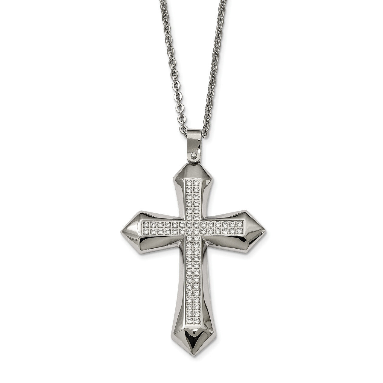 CZ Cross Necklace Stainless Steel Polished SRN2097-24 by Chisel, MPN: SRN2097-24, 191101645662