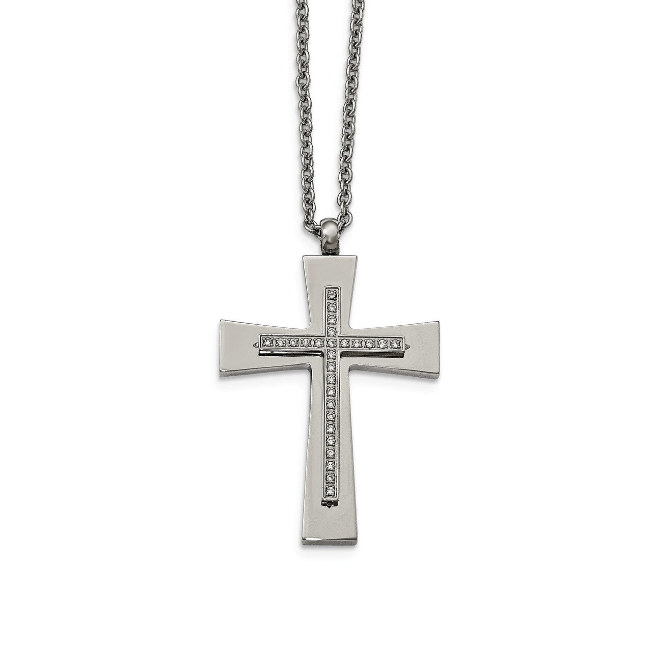 CZ Cross Necklace Stainless Steel Polished SRN2100-22 by Chisel, MPN: SRN2100-22, 191101018053