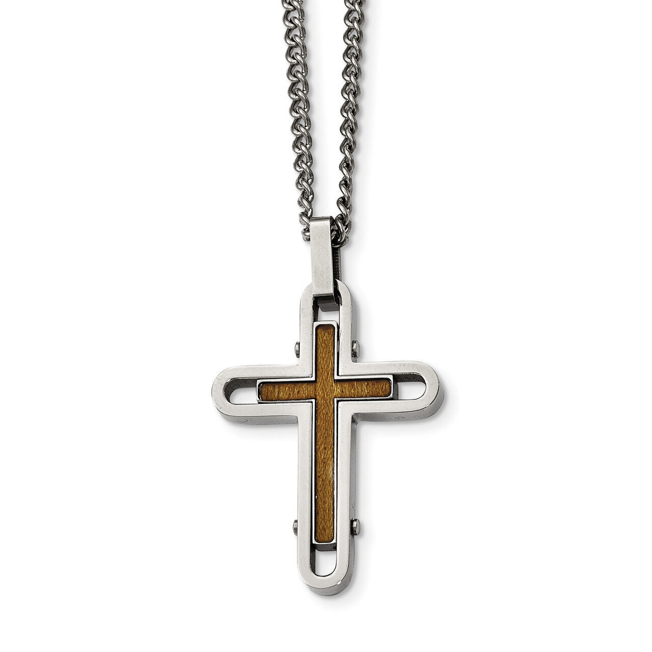 Wood with Enamel Overlay Cross Necklace Stainless Steel Polished SRN2107-24