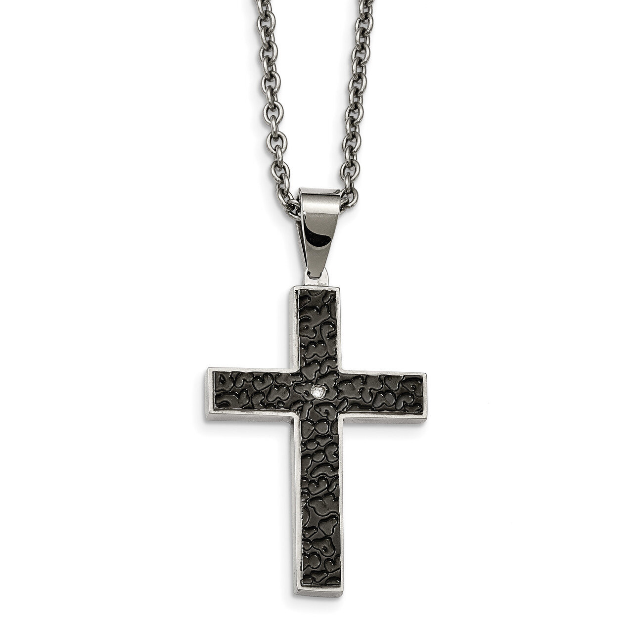 Black IP Textured CZ Cross Necklace Stainless Steel Polished SRN2111-24