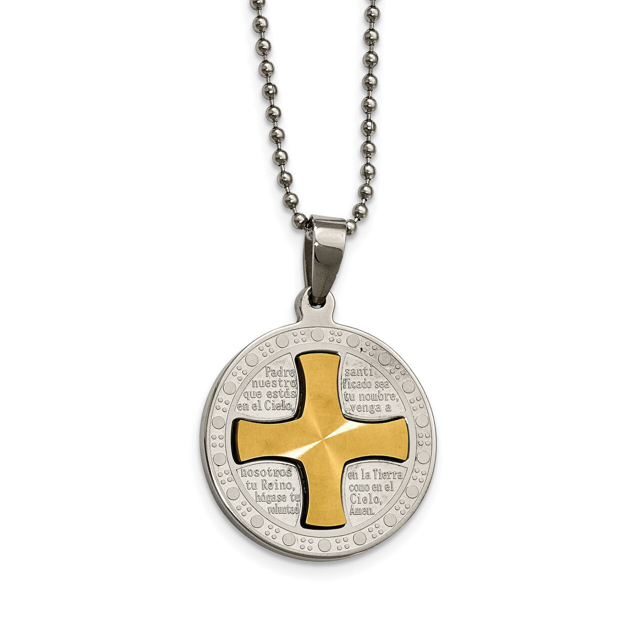 Yellow IP Spanish Lords Prayer Necklace Stainless Steel Brushed Polished SRN2113-20 by Chisel, MPN:…