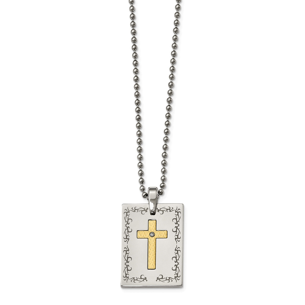 18k Polished Laser Etched Square Cross Diamond Necklace Stainless Steel SRN2133-24