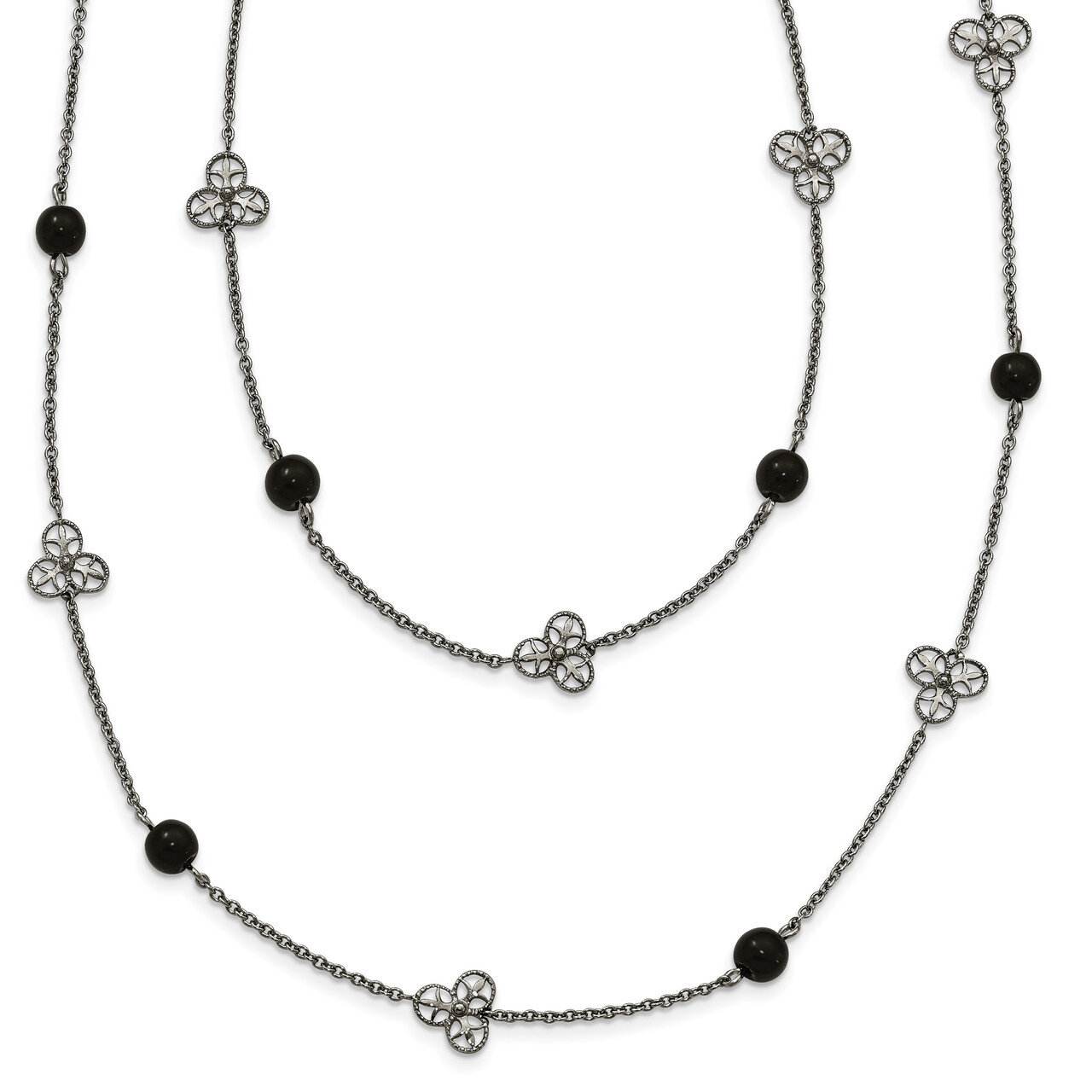 Black Acrylic Bead Necklace Stainless Steel Polished SRN2175-33