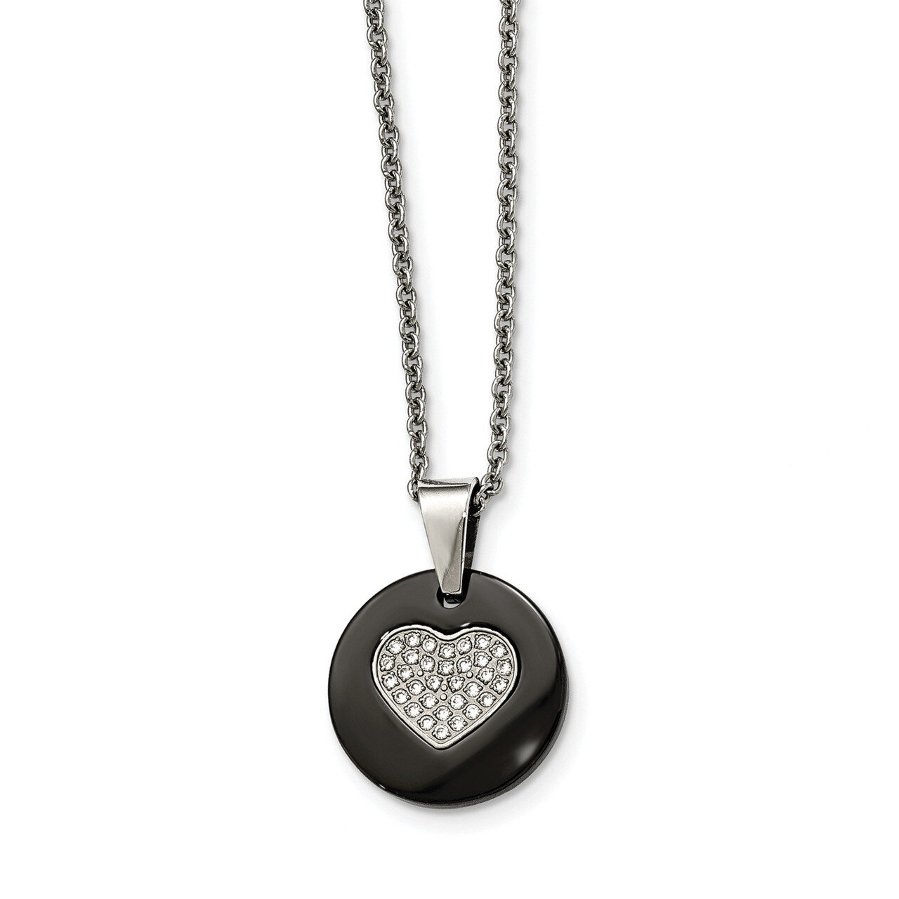 Black Ceramic CZ Heart Necklace Stainless Steel Polished SRN2199-22 by Chisel, MPN: SRN2199-22, 191…