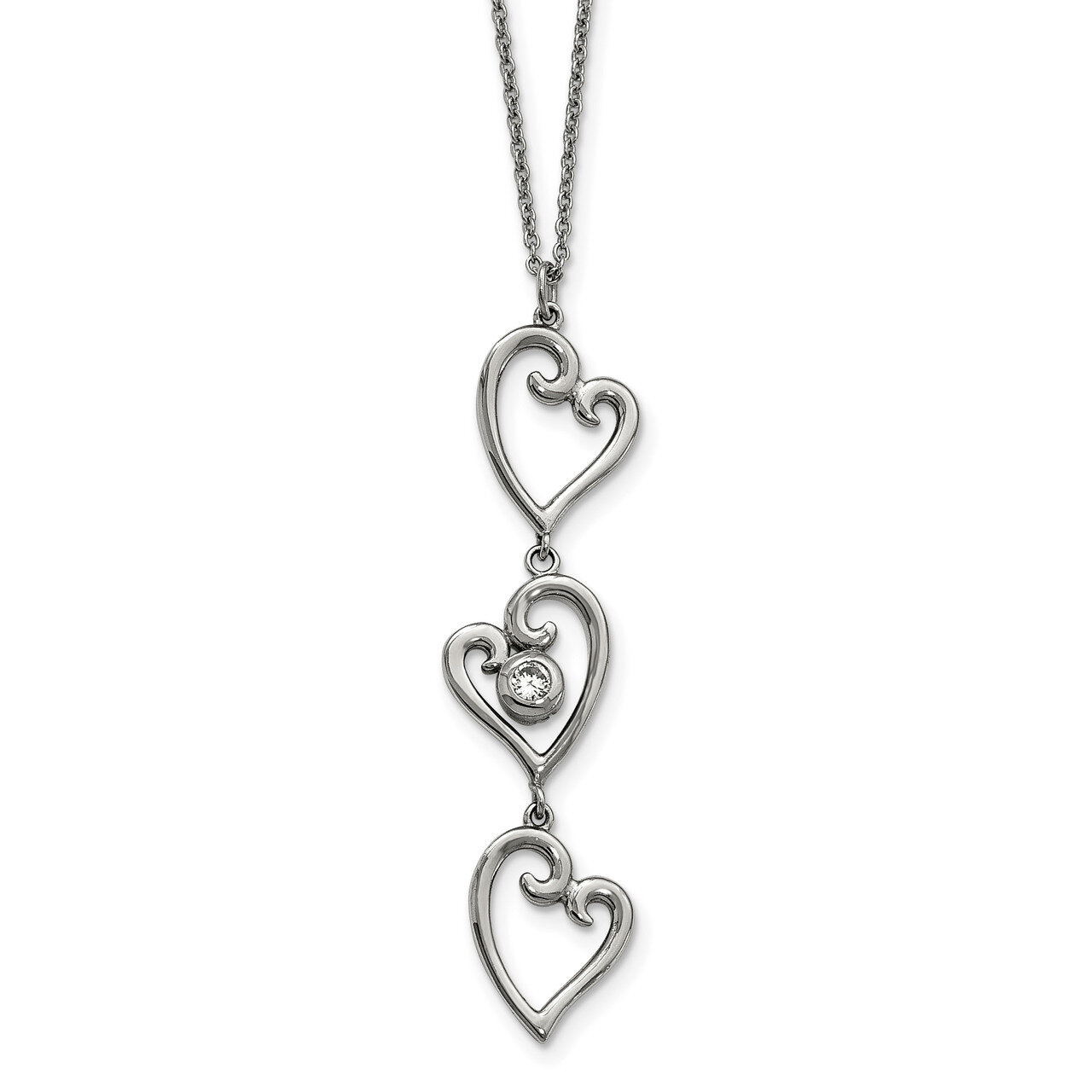 CZ Dangle Hearts with 2 Inch Extender Necklace Stainless Steel Polished SRN2230-16 by Chisel, MPN: …