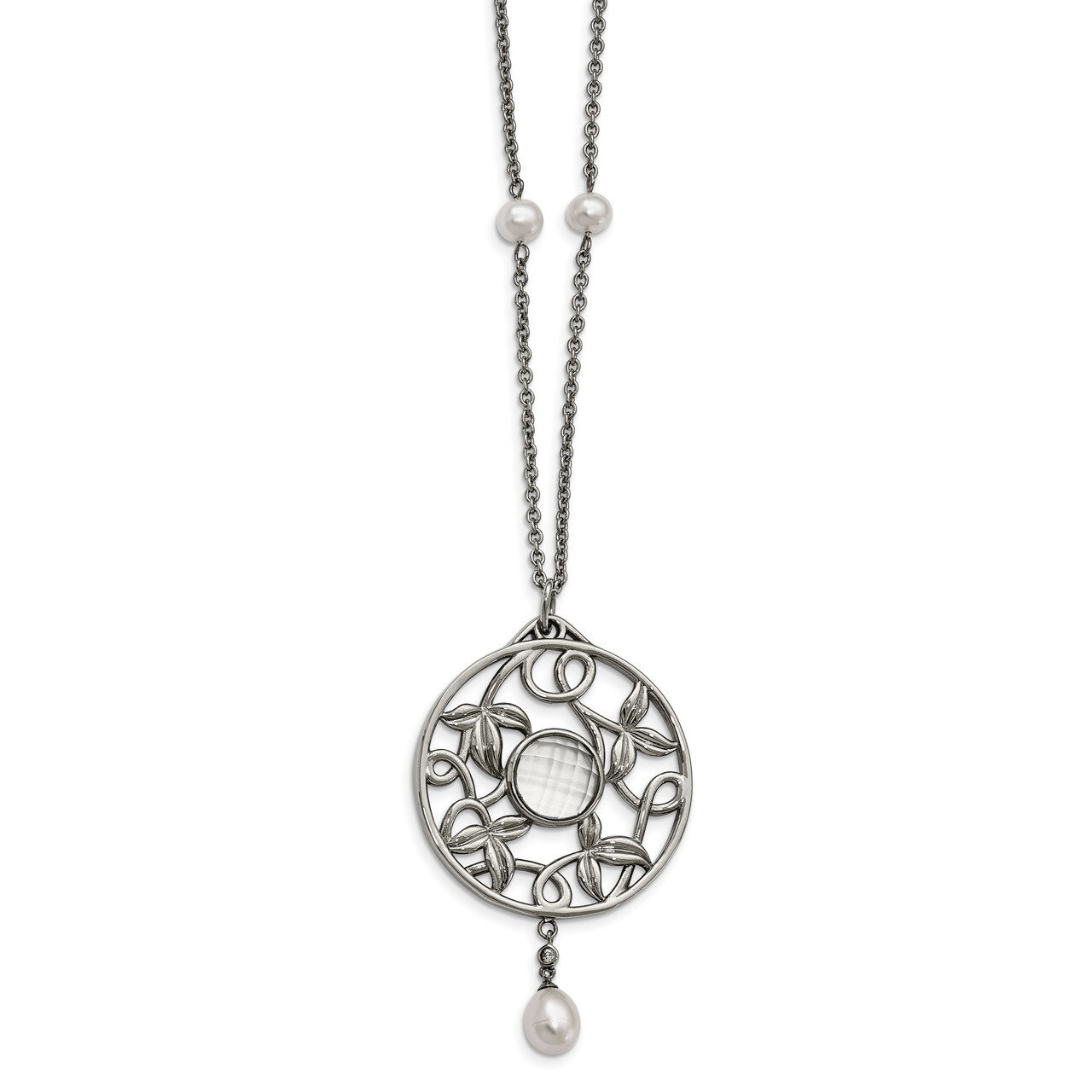 FWC Pearl &amp; CZ &amp; Glass with 2 Inch ext Necklace Stainless Steel Polished SRN2241-30 by Chisel, MPN:…