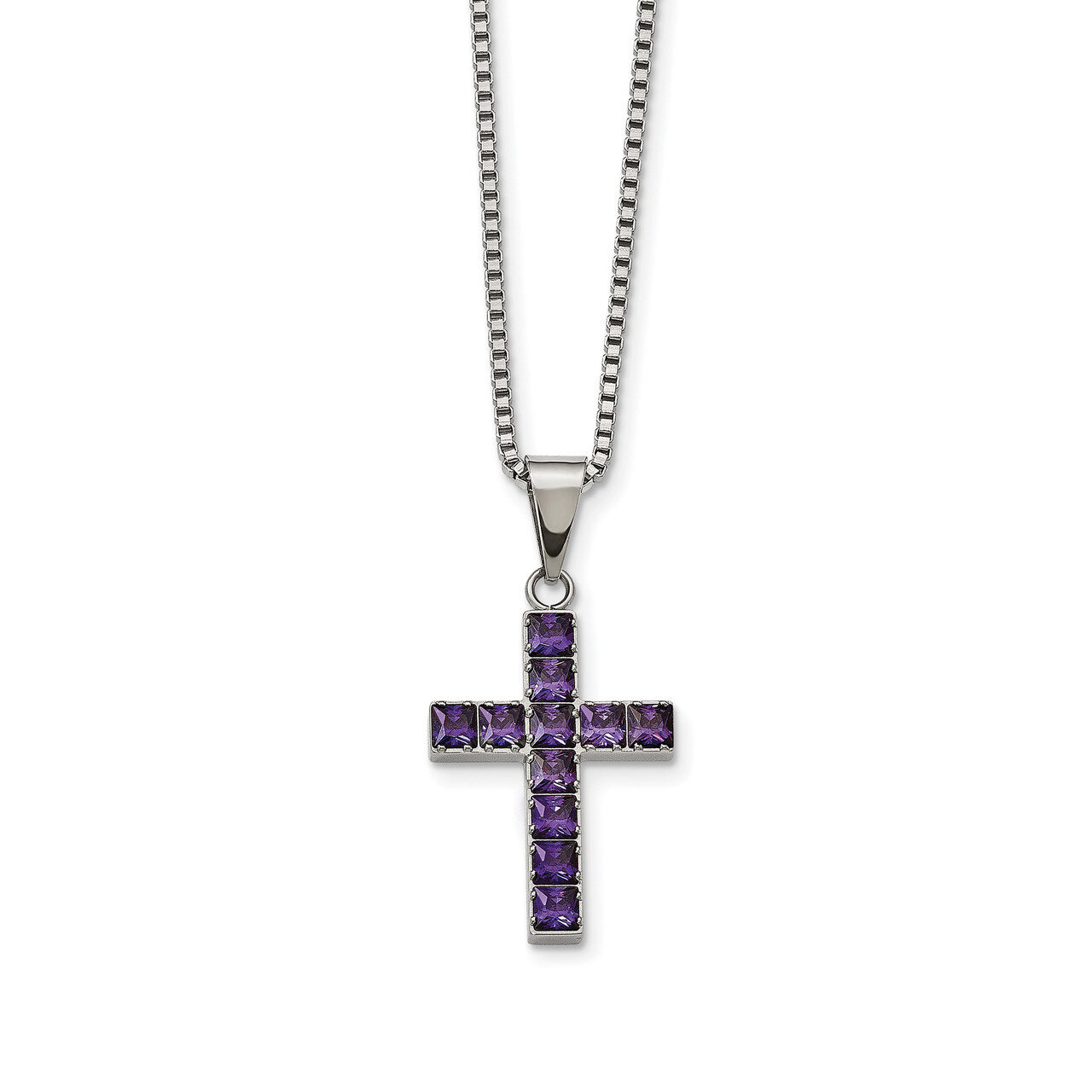 Purple Square CZ Cross Necklace Stainless Steel Polished SRN2269-18