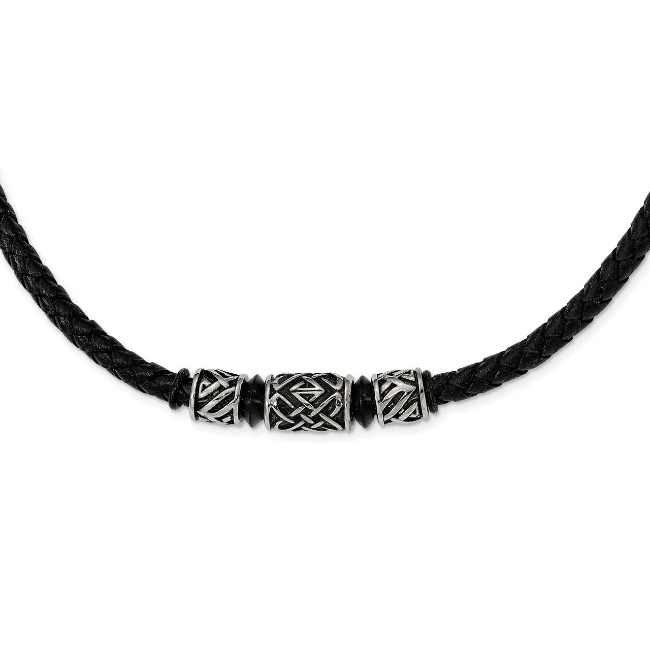 IP black-plated Bead Braided Leather Necklace Antiqued Stainless Steel SRN2532-20 by Chisel, MPN: S…