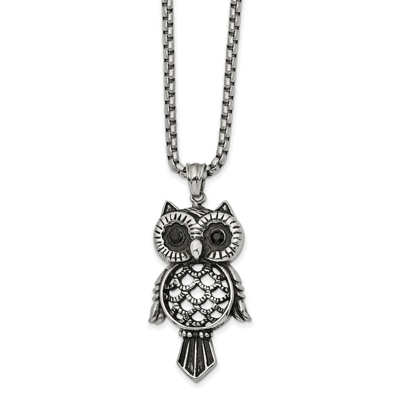 Black CZ Owl 24 Inch Necklace Stainless Steel Antiqued Polished SRN2574-24 by Chisel, MPN: SRN2574-…