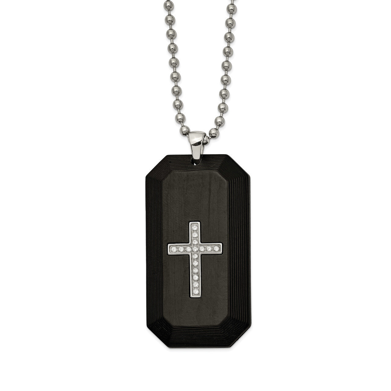 Solid Carbon Fiber &amp; CZ Cross DogTag Necklace Stainless Steel Polished SRN2627-24 by Chisel, MPN: S…