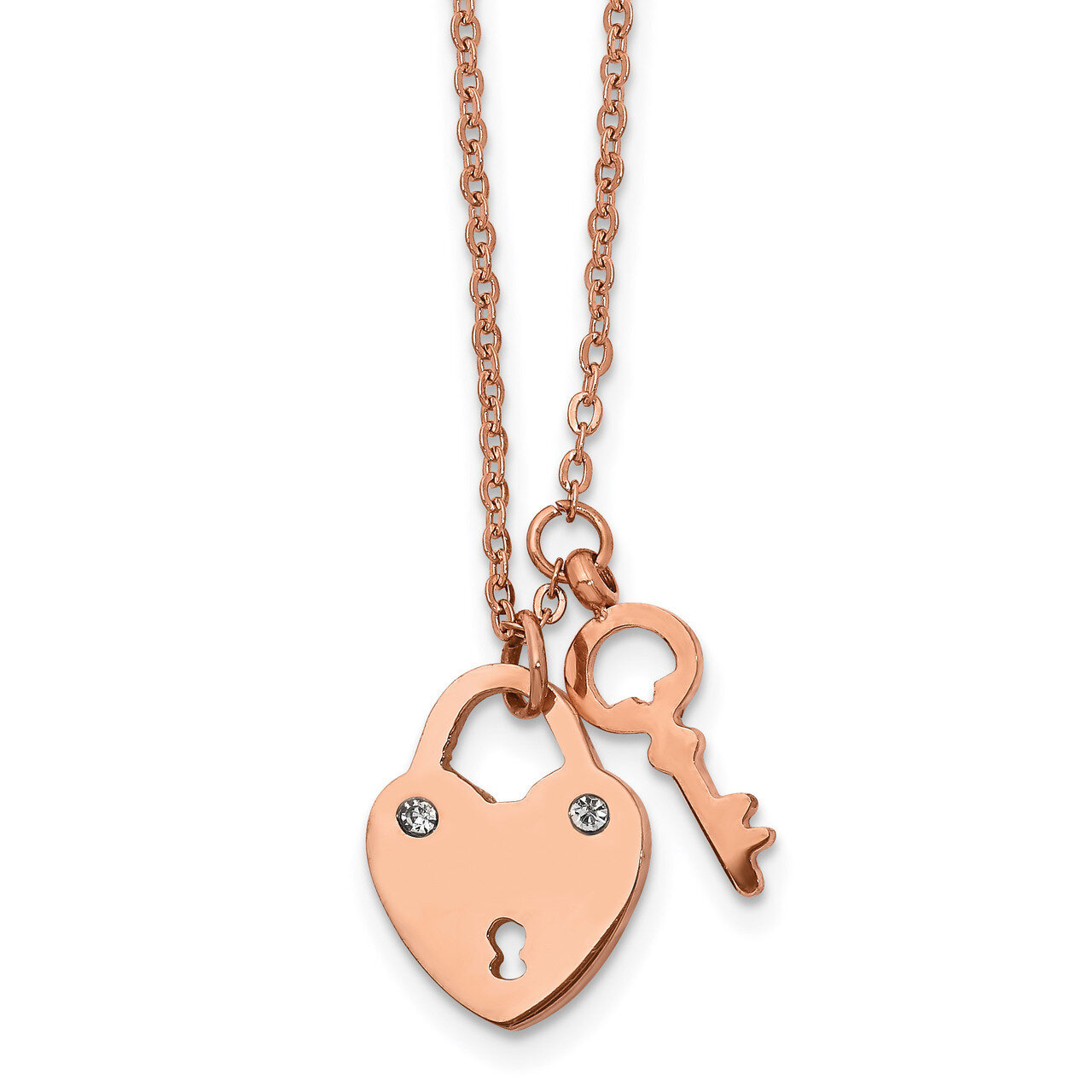 Rose IP with CZ Lock and Key with 2.25 Inch Extender Necklace Stainless Steel Polished SRN2653-17 b…