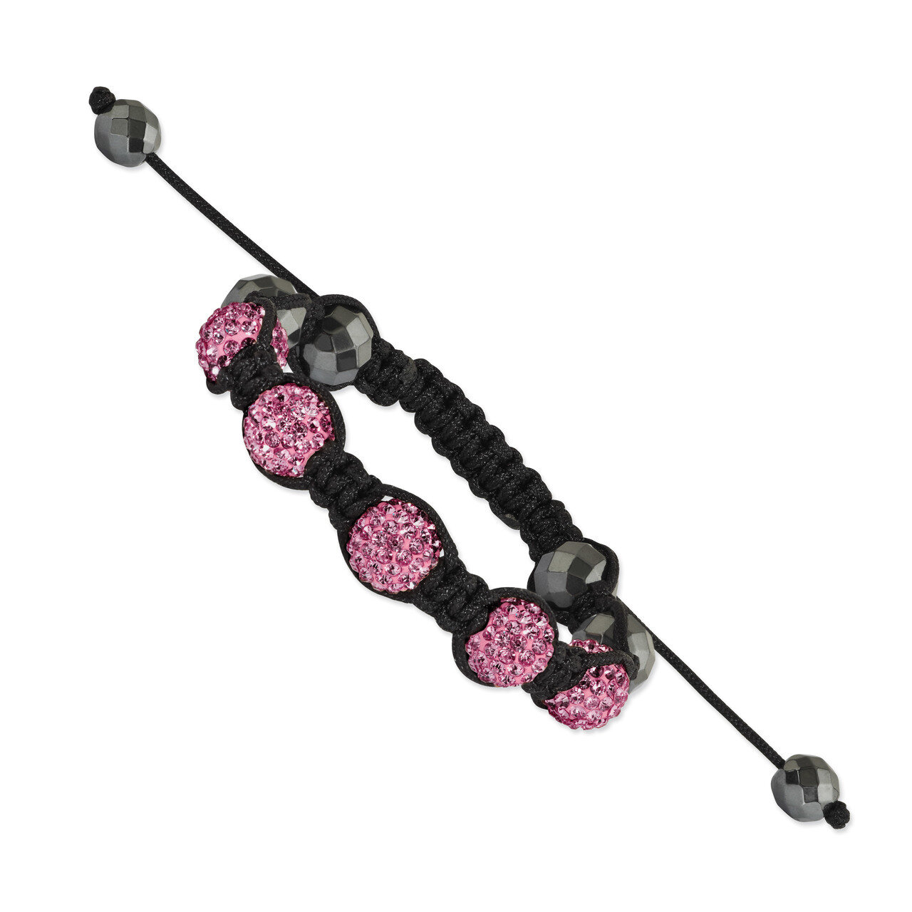 10mm 4 Hematite & 5 Pink Crystal Beads Black Cord Bracelet BF1407