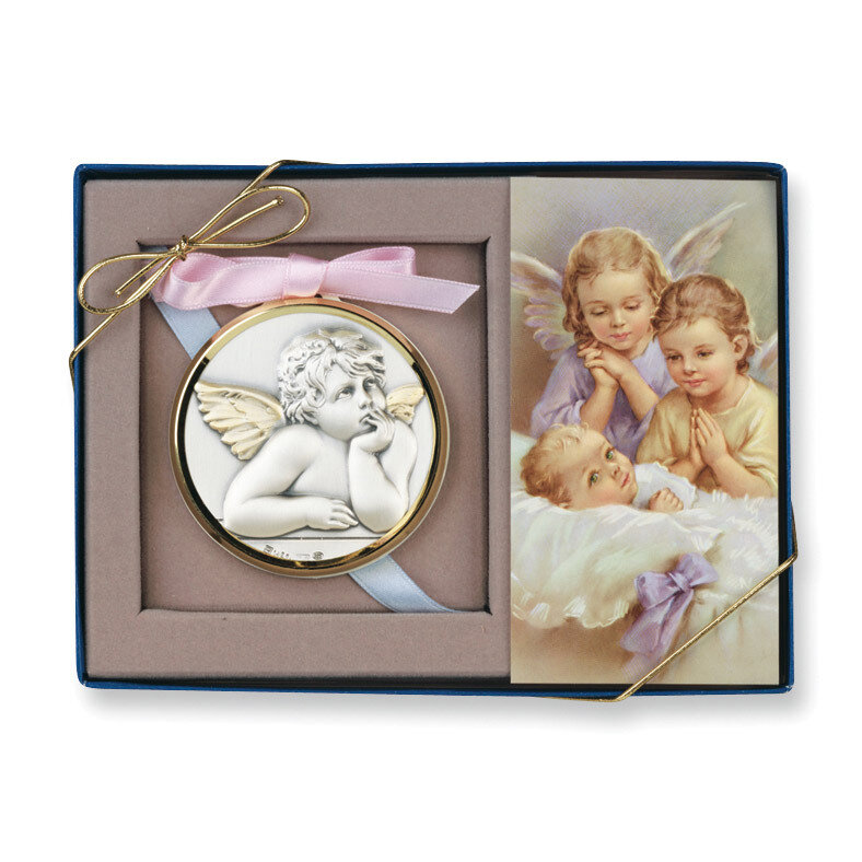 Two Angels Medallion &amp; Prayer Card Sterling Silver GP792