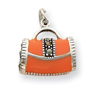 Orange Enameled Marasite Purse Charm Sterling Silver QC4225