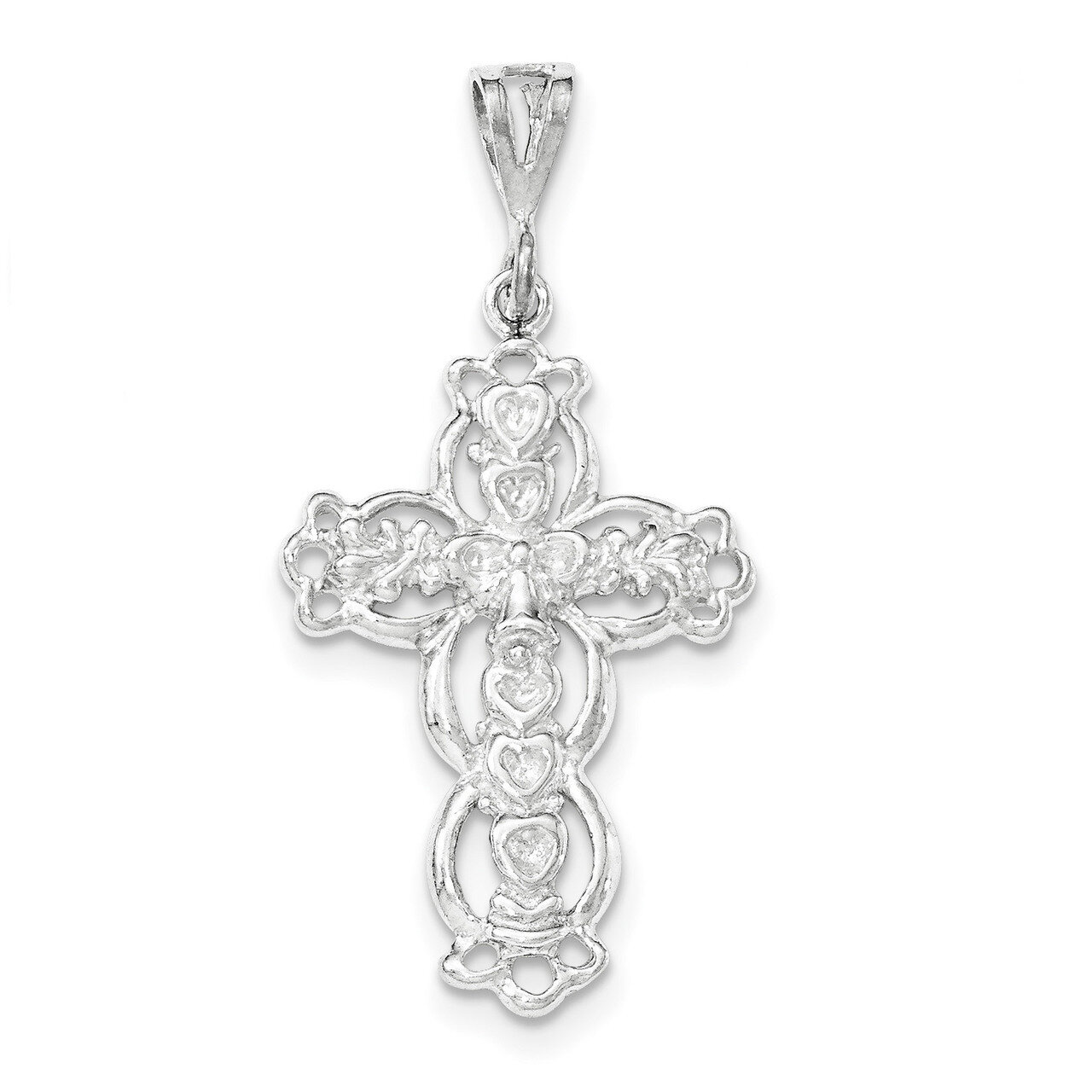 Polished &amp; Textured Hearts on Cross Pendant Sterling Silver QC8241