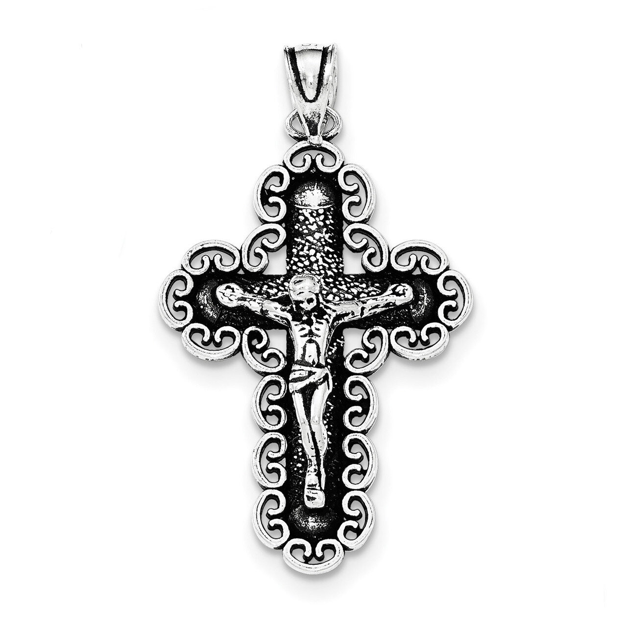 Antiqued Filigree Cross INRI Crucifix Pendant Sterling Silver QC8330