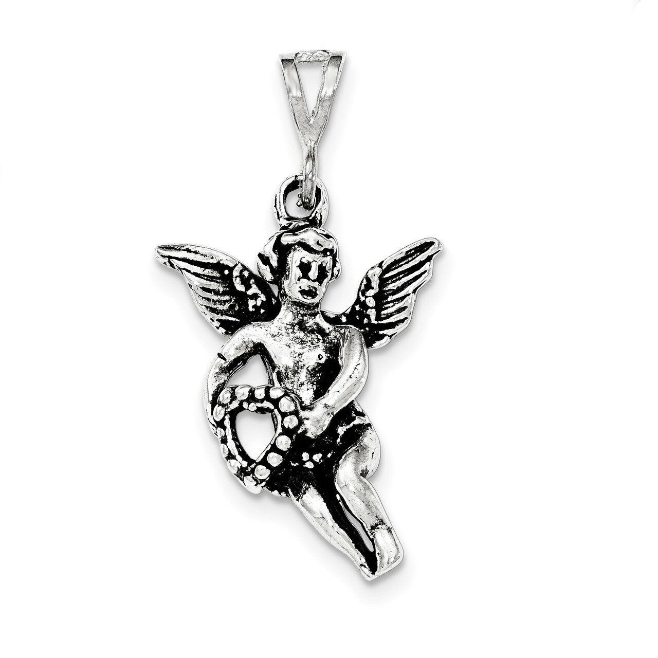 Antiqued &amp; Textured Flying Angel with Heart Pendant Sterling Silver QC8409