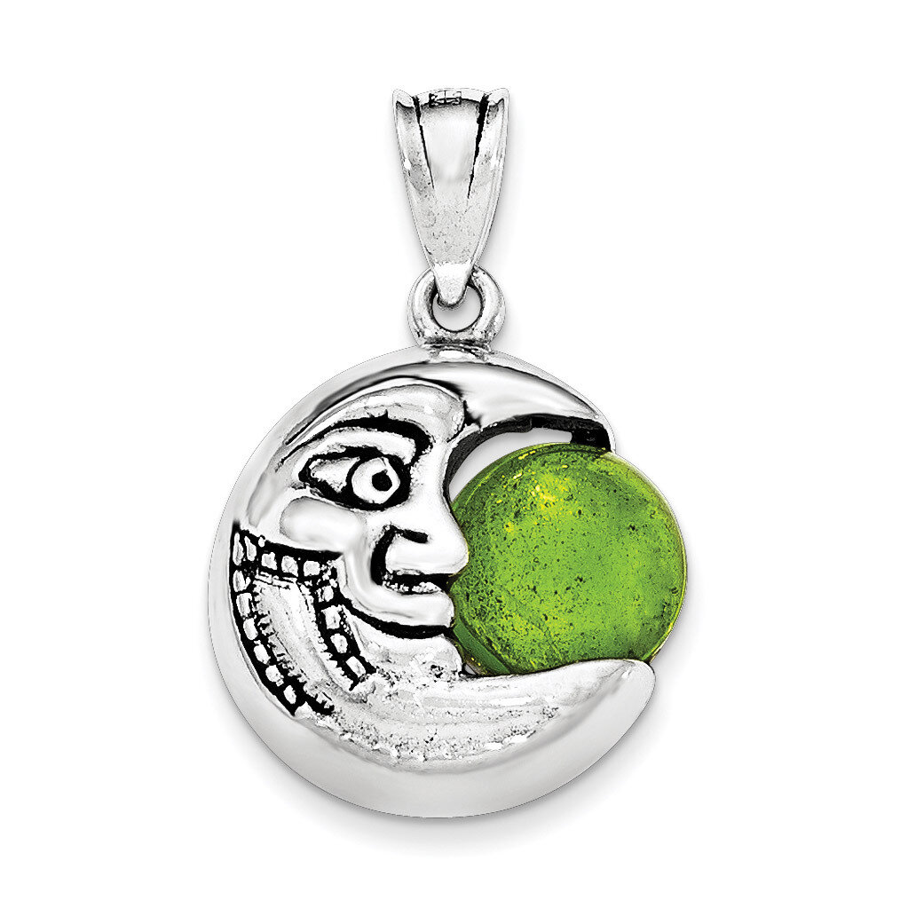Antiqued Half Moon with Face &amp; Green Stone Pendant Sterling Silver QC8576