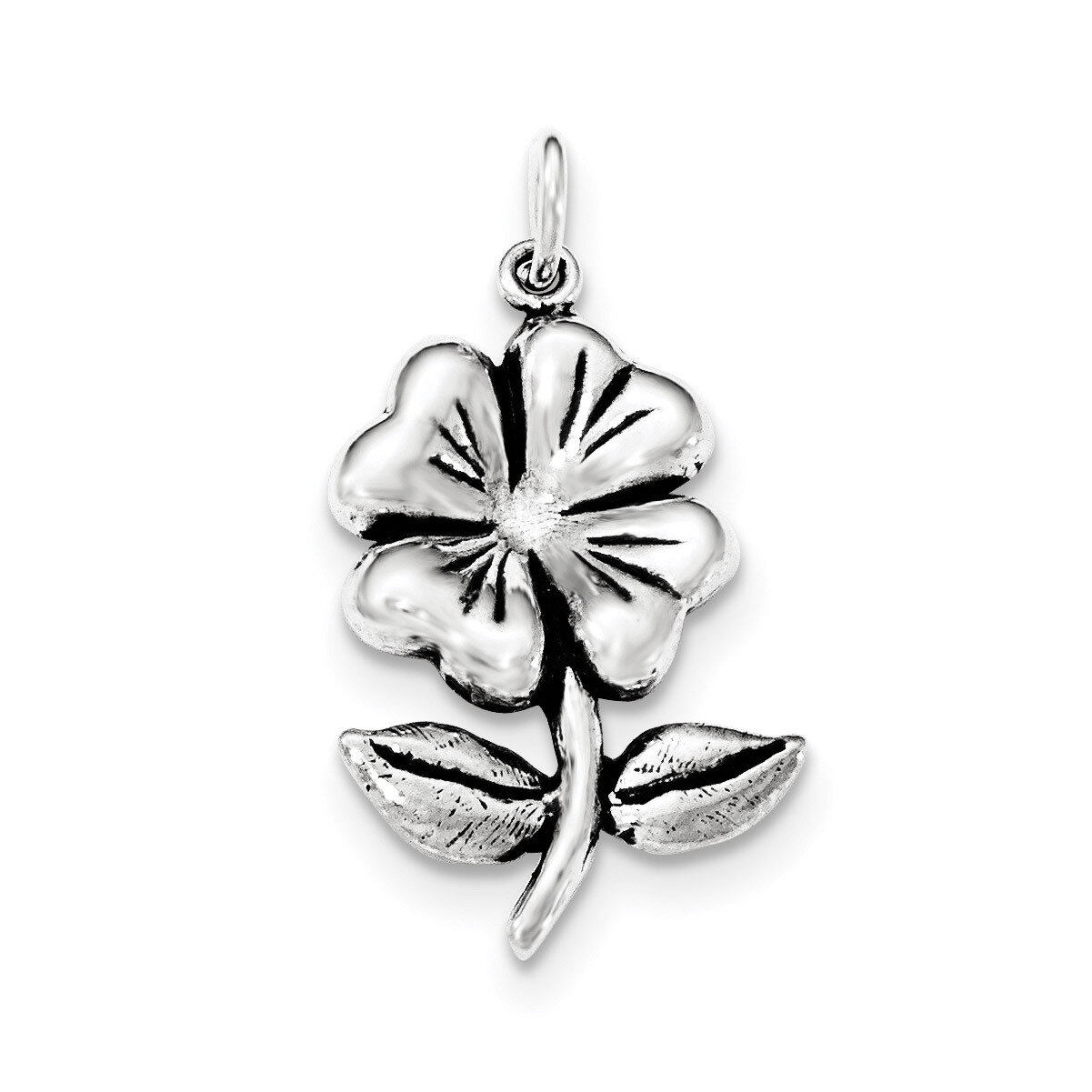 Antiqued Flower on Stem with leaves Pendant Sterling Silver QC8654