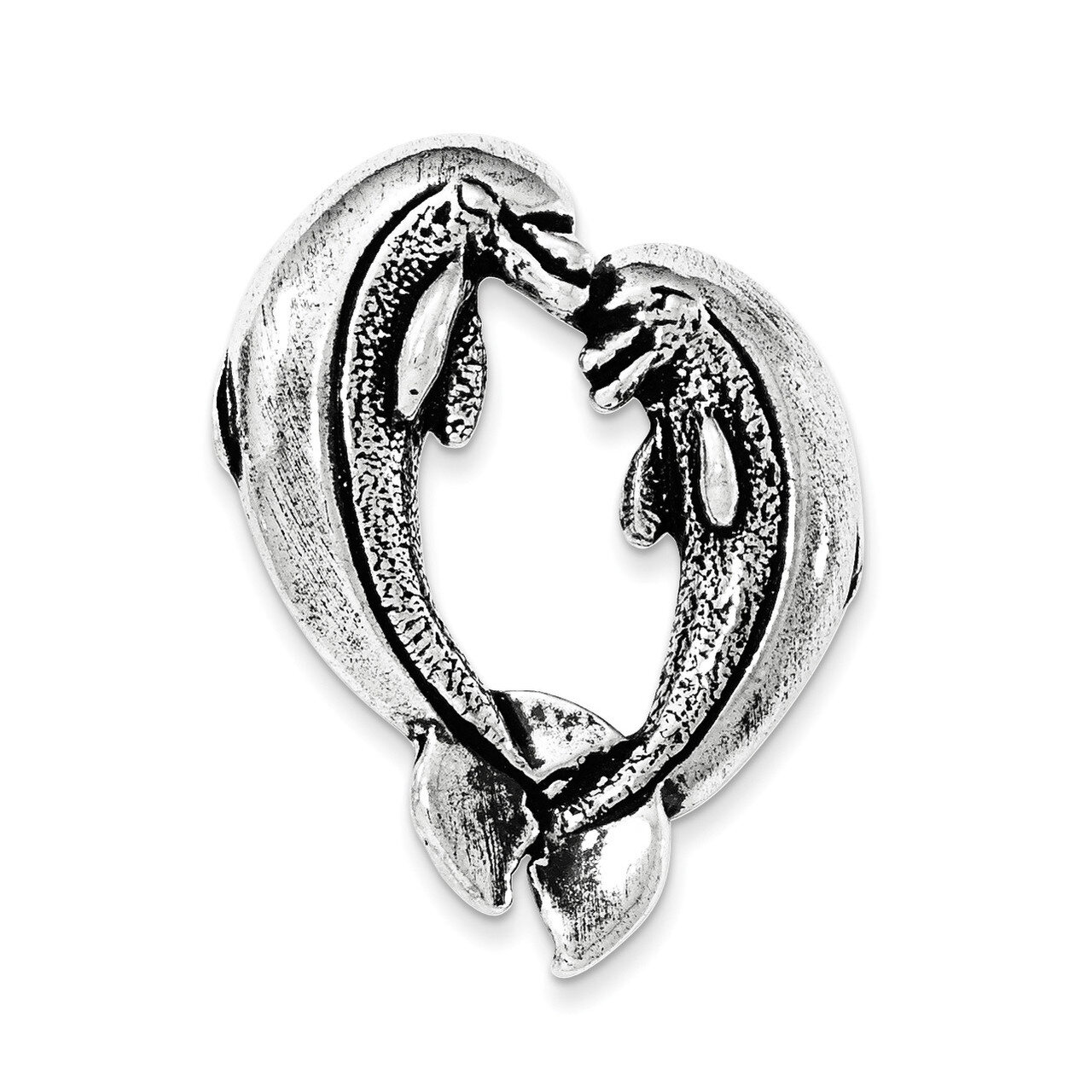 Antiqued Nose to Nose Dolphin Heart Chain Slide Sterling Silver QC8721