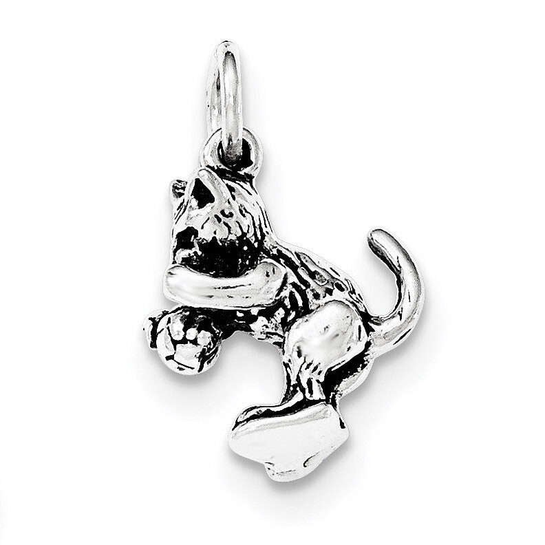 Antiqued Cat Playing with Ball Pendant Sterling Silver QC8887