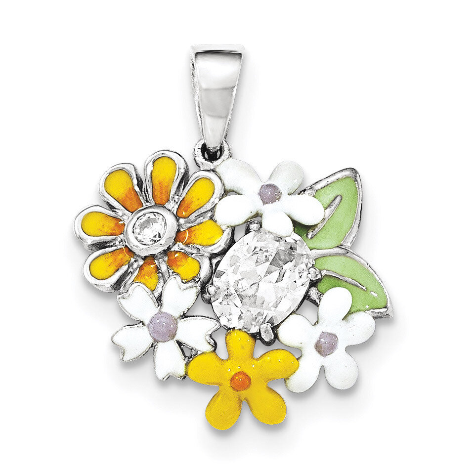 CZ &amp; Enameled Flowers Pendant Sterling Silver QC8928