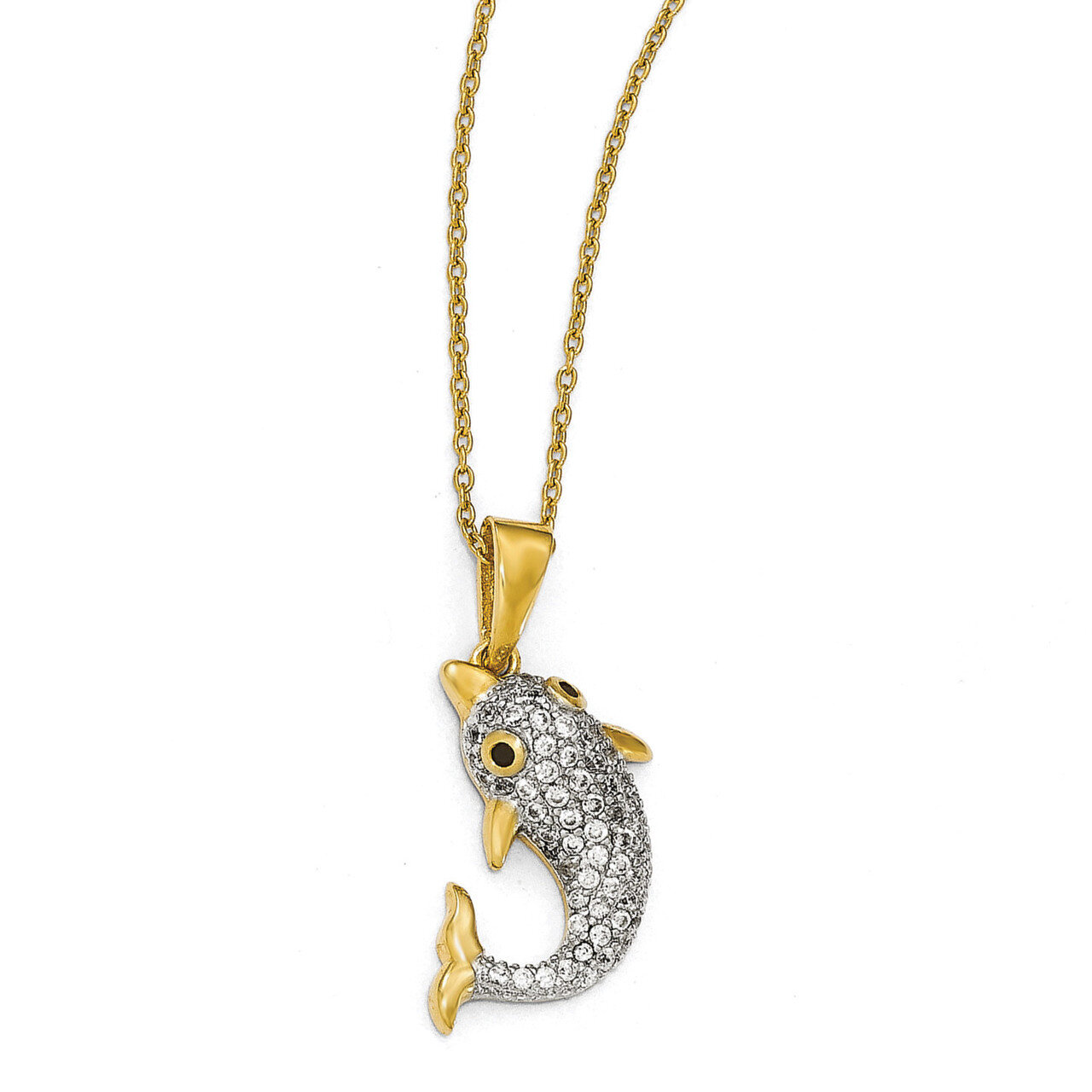 Gold-plated with Rhodium CZ Dolphin 18 Inch Necklace Sterling Silver QCM1284-18