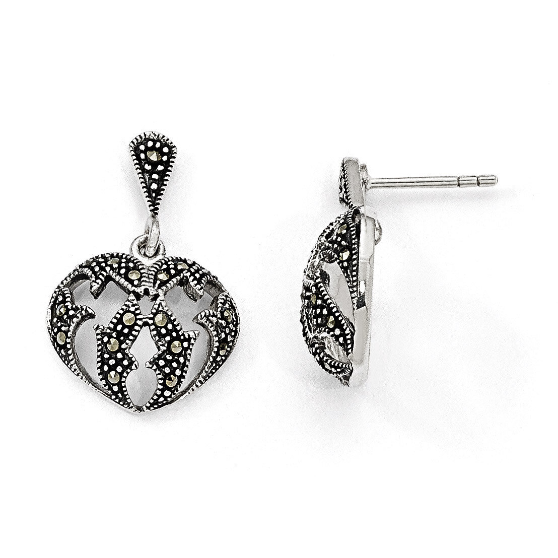 Marcasite Heart Dangle Post Earrings Sterling Silver QE11120