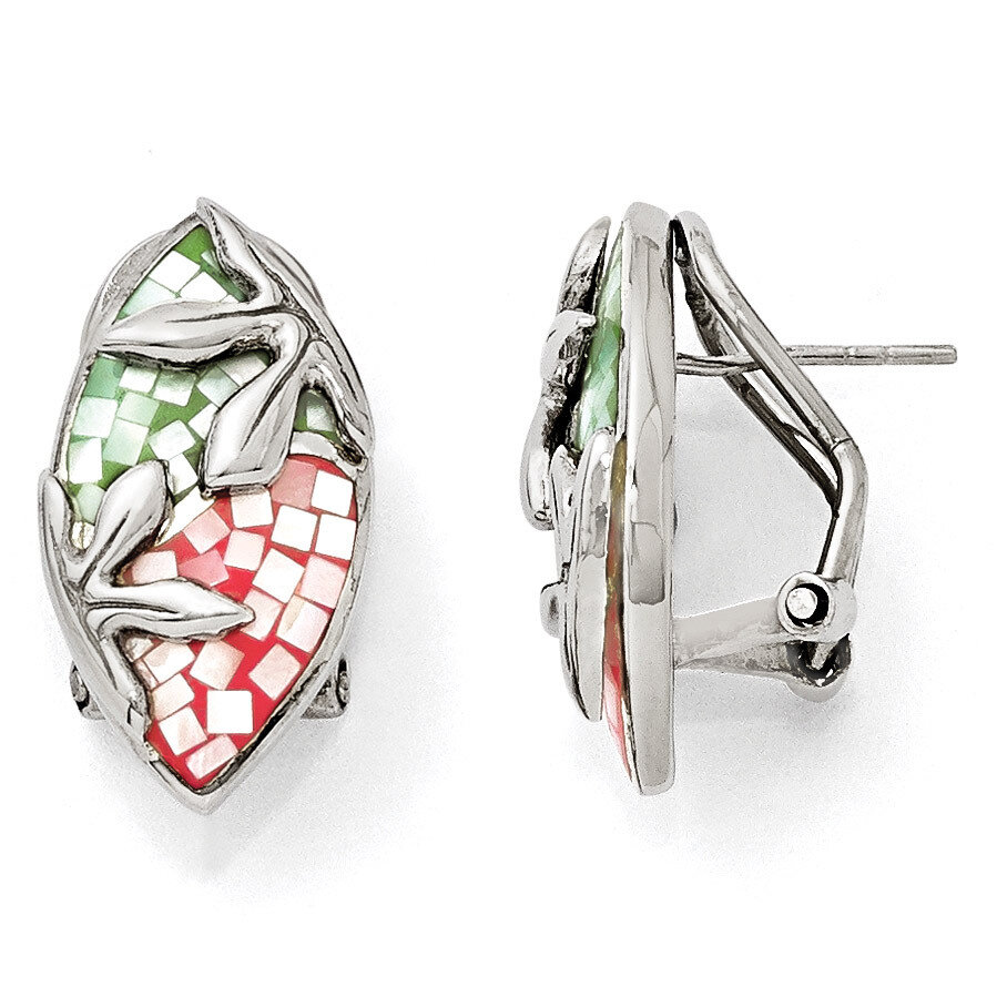 Mosaic Pink &amp; Green MOP Omega Back Earrings Sterling Silver QE11172