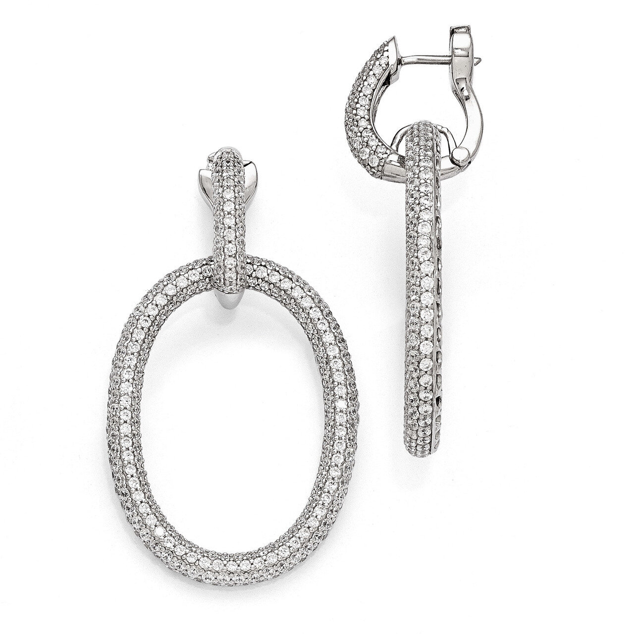 Rhodium Plated CZ Oval Hinged Hoop Dangle Earrings Sterling Silver QE11286