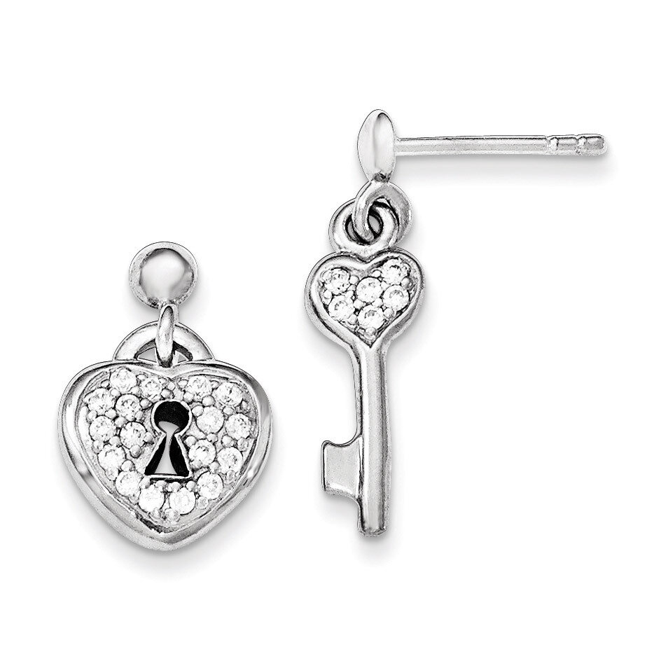 Polished CZ Heart Lock &amp; Key Post Dangle Earrings Sterling Silver QE11892