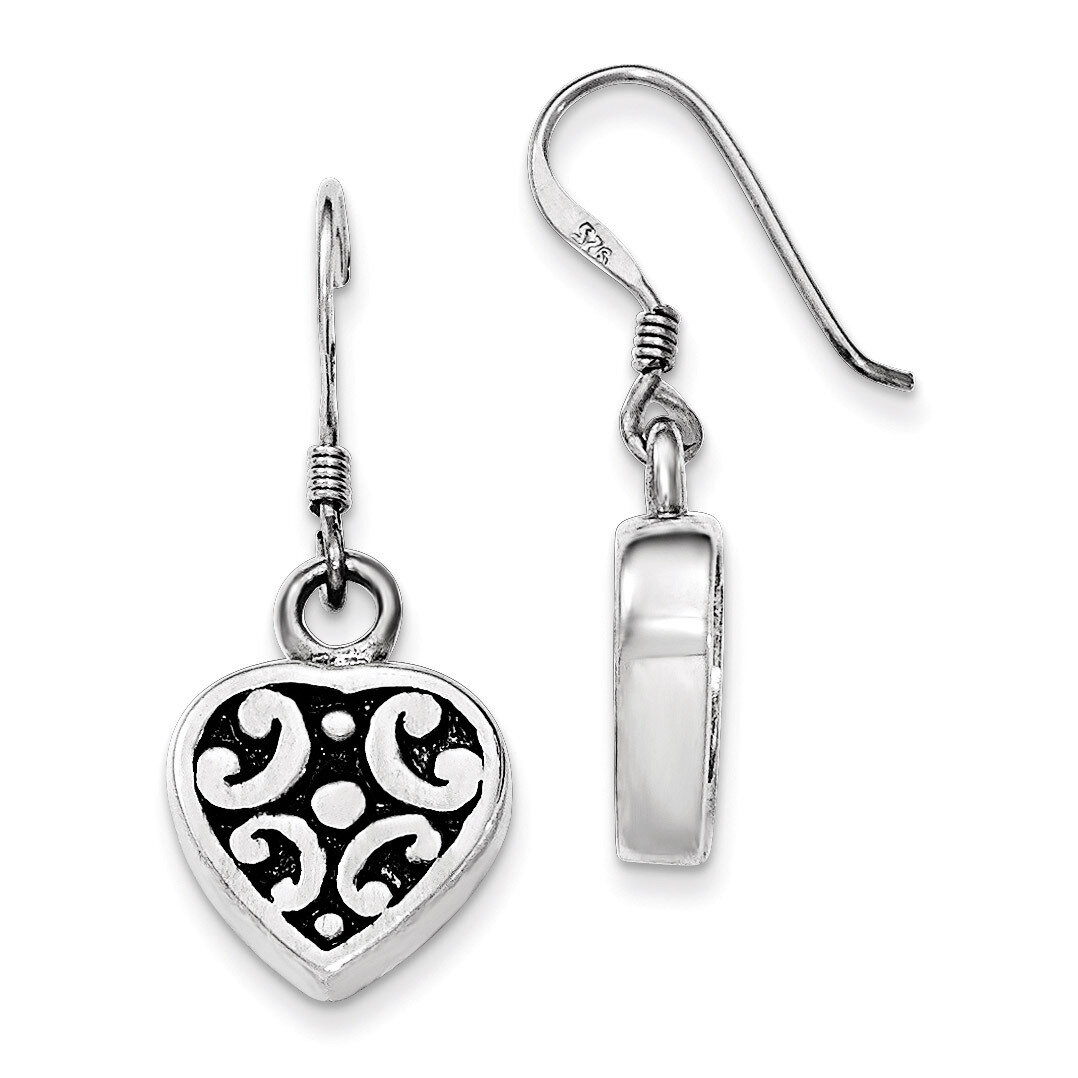 Polished & Antiqued Heart Dangle Shepherd Hook Earrings Sterling Silver QE11893