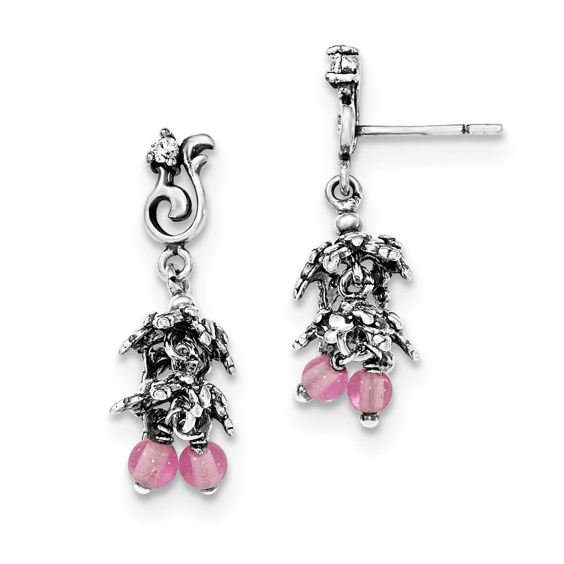 Antiqued Dangle CZ &amp; Glass Beads Post Earrings Sterling Silver QE12012